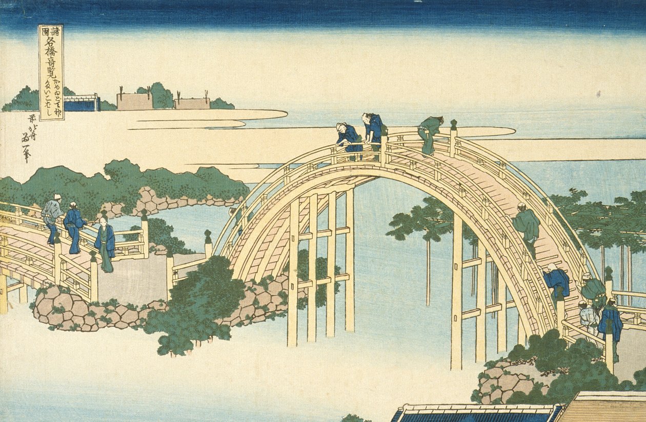 Drumbrug van het Kameido Tenjin-heiligdom uit de serie Wonderbaarlijke Uitzichten van Beroemde Bruggen in Alle Provincies, 19e eeuw door Katsushika Hokusai