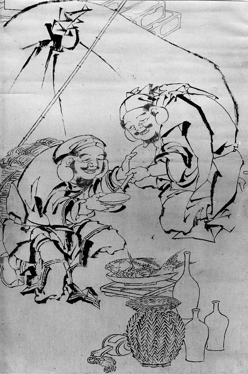 Ebisu en Daikoku vieren het Nieuwjaarsfestival, 18e-19e eeuw door Katsushika Hokusai