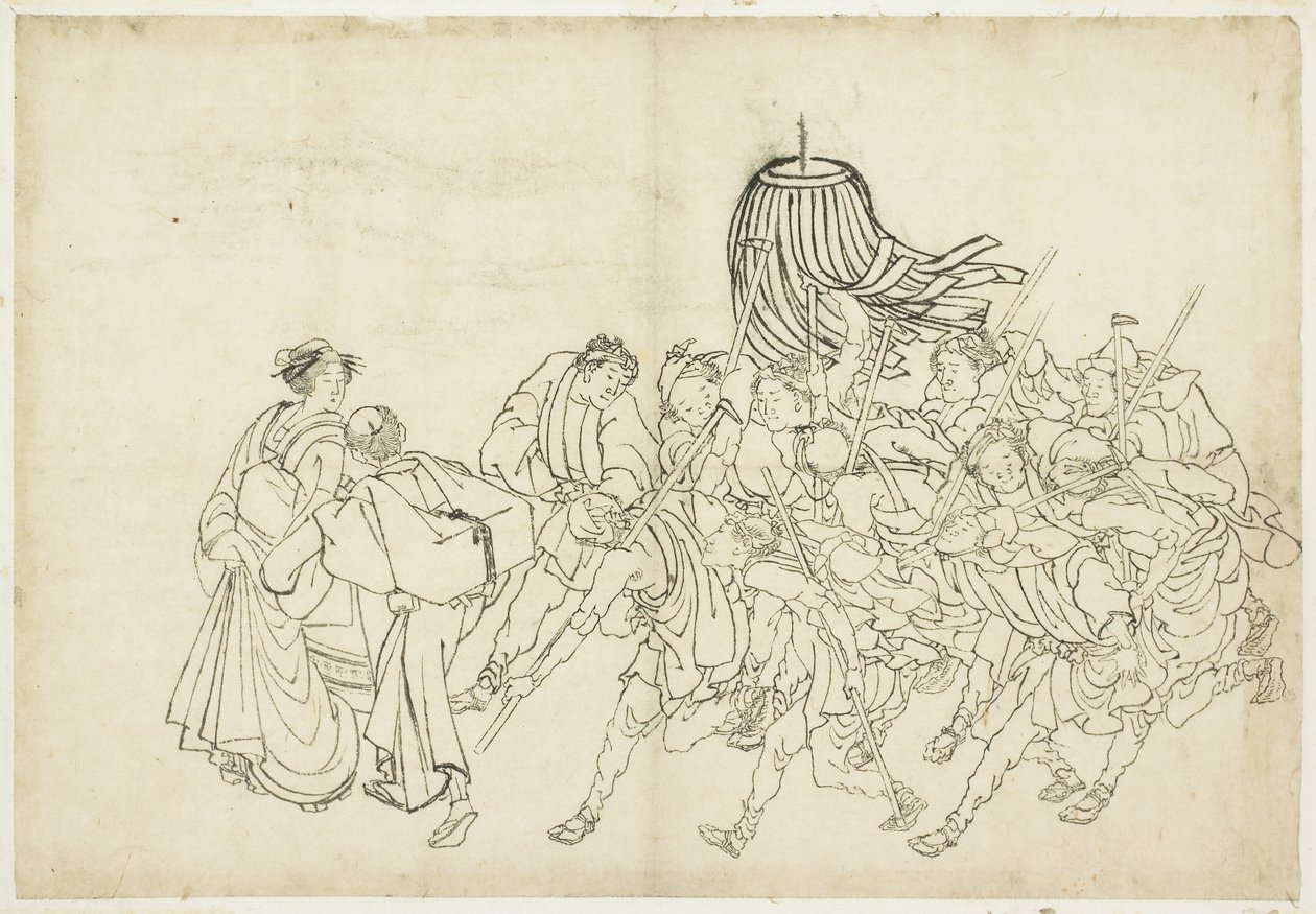 Brandweerlieden die naar hun Festival marcheren door Katsushika Hokusai