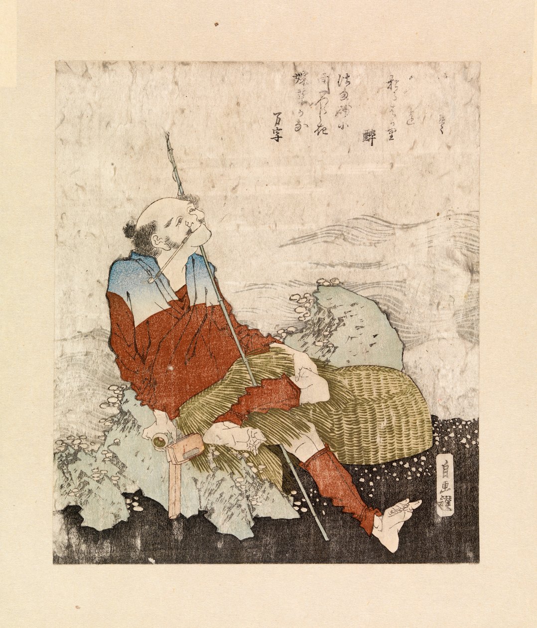 Visser die rookt naast een stroom, ca.1835 (kleur houtsnede) door Katsushika Hokusai