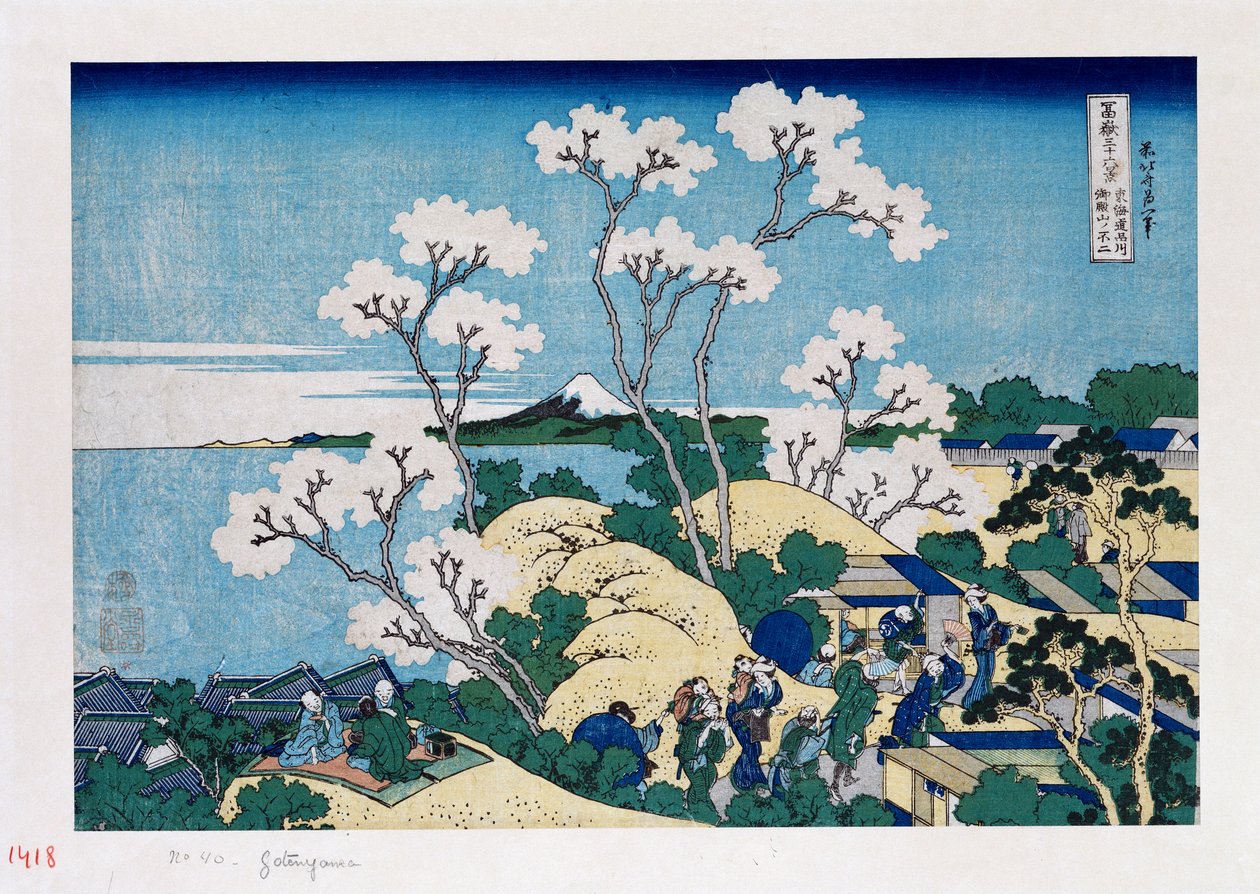 Fuji vanaf Gotenyama bij Shinagawa op de Tokaido, uit de serie De zesendertig gezichten op de berg Fuji door Katsushika Hokusai