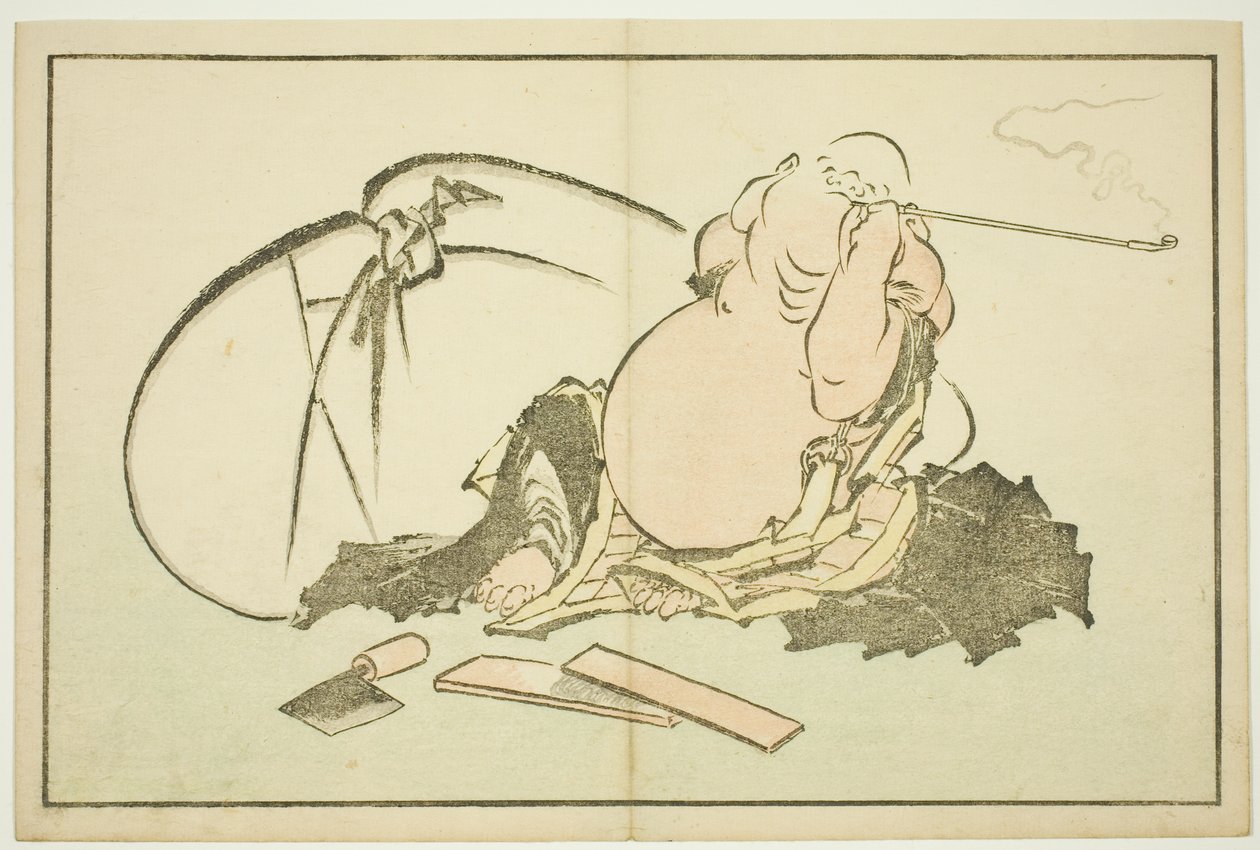 Hotei rookt zijn pijp, uit Het prentenboek van realistische schilderijen van Hokusai (Hokusai shashin gafu) door Katsushika Hokusai