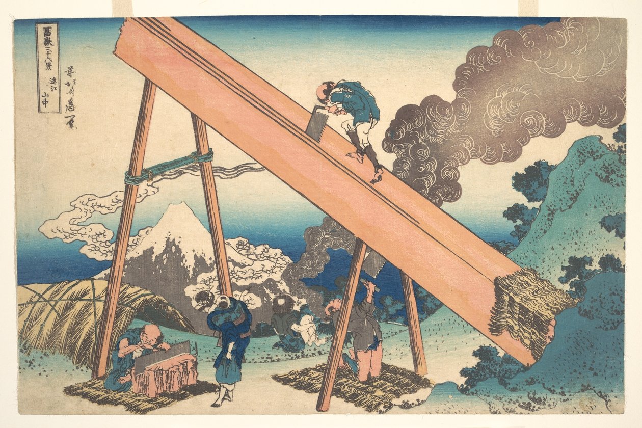 In de bergen van de provincie Tōtomi (Tōtomi sanchū), uit de serie „Zesendertig gezichten op de berg Fuji“ (Fugaku sanjūrokkei) door Katsushika Hokusai