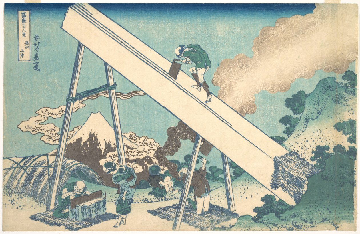 In de bergen van de provincie Tōtomi (Tōtomi sanchū), uit de serie „Zesendertig gezichten op de berg Fuji“ (Fugaku sanjūrokkei) door Katsushika Hokusai