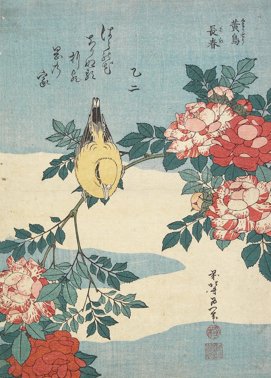 Japanse nachtegaal en rozen, c. 1832 door Katsushika Hokusai