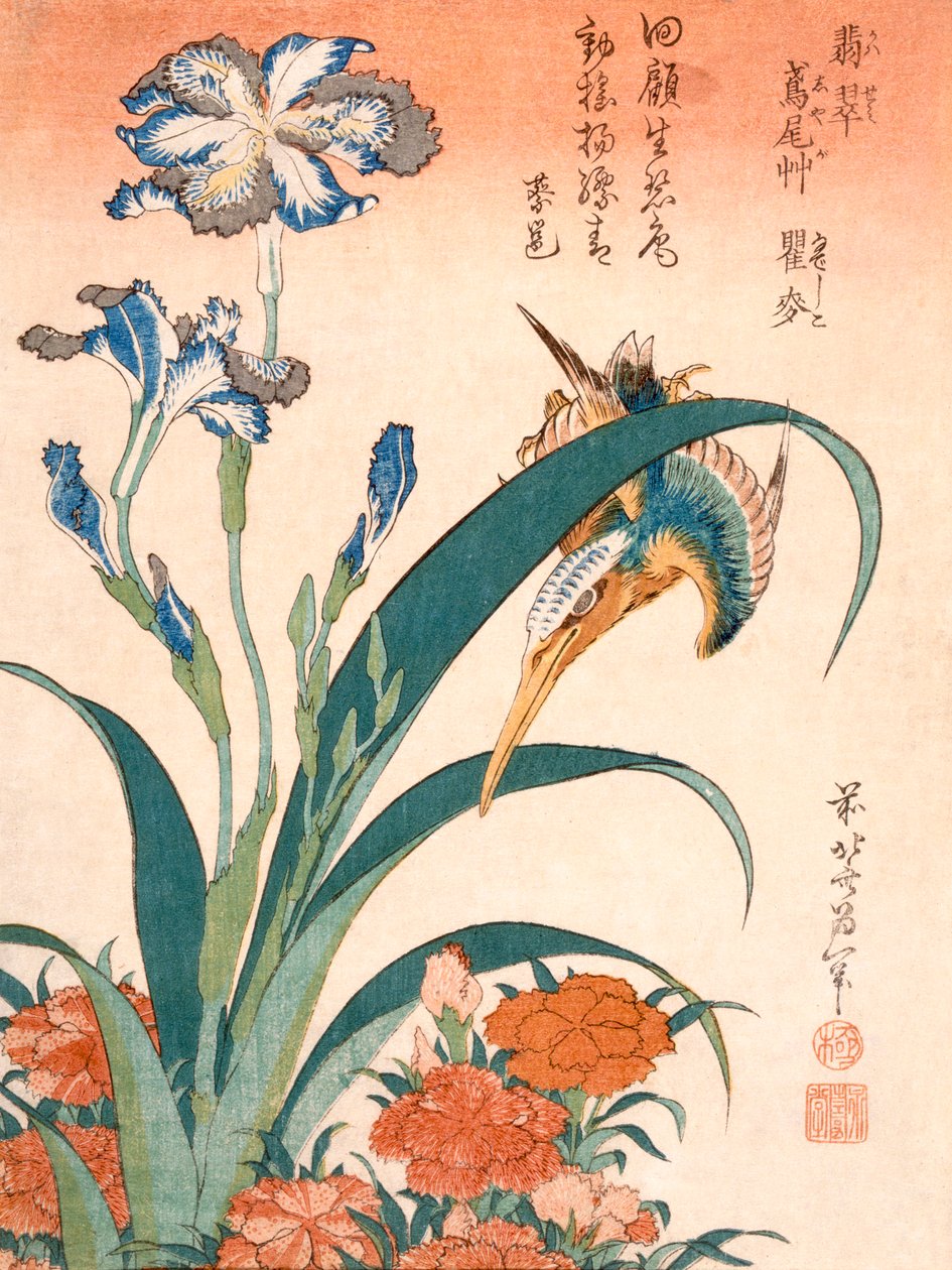 IJsvogel, irissen en anjers, gepubliceerd ca 1834 door Katsushika Hokusai