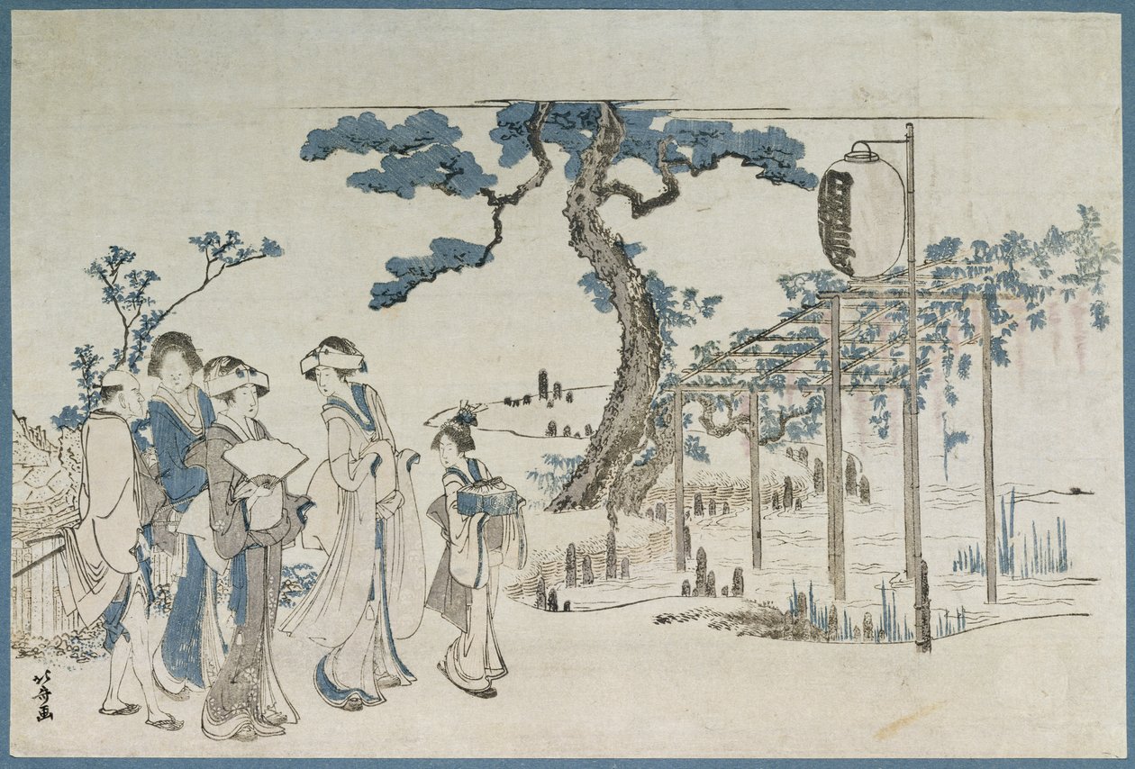 Dames die de Wisteria-tuinen in Kameido bezoeken door Katsushika Hokusai