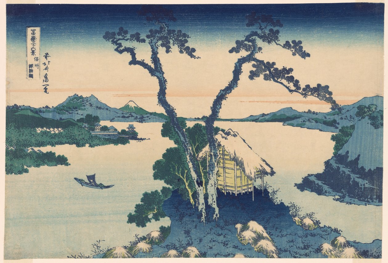 Meer Suwa in de provincie Shinano (Shinshu Suwako), uit de serie "Zesendertig Zichten op de Fuji-berg (Fugaku sanjurokkei)" door Katsushika Hokusai