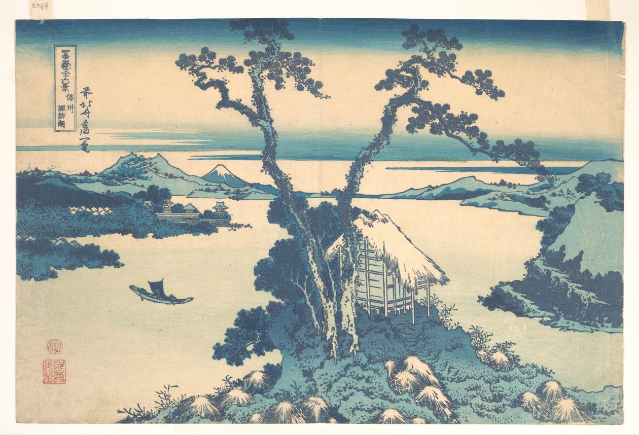Het Suwa-meer in de provincie Shinano (Shinshū Suwako), uit de serie „Zesendertig gezichten op de berg Fuji“ (Fugaku sanjūrokkei) door Katsushika Hokusai