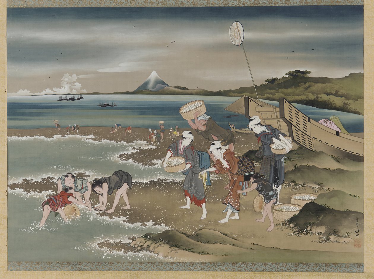 Landschap: mosselverzamelaars aan de kust (inkt & kleur op zijde) door Katsushika Hokusai