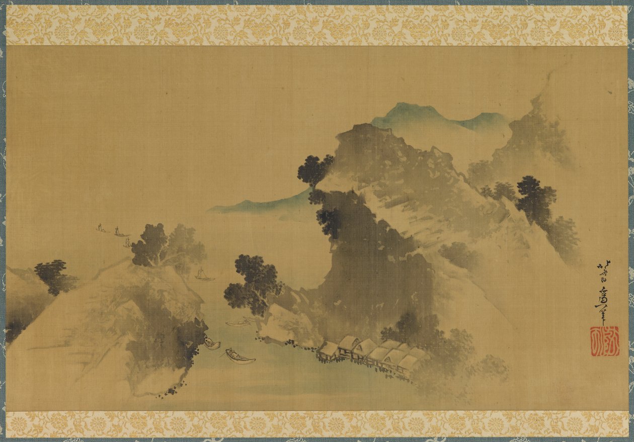 Landschap: bergen, stroom en boten door Katsushika Hokusai