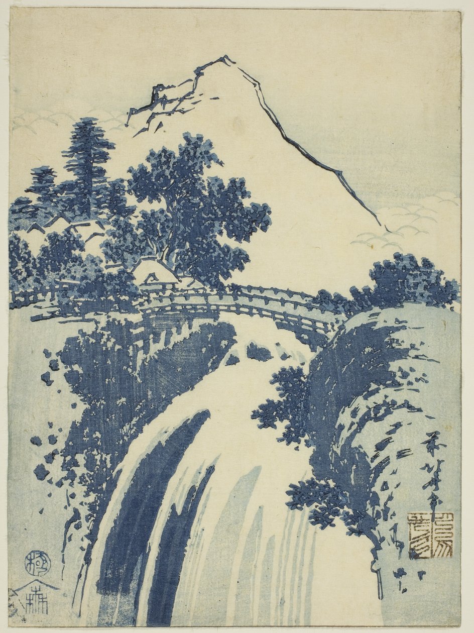 Landschap met waterval, uit een ongetitelde serie chuban-prenten door Katsushika Hokusai