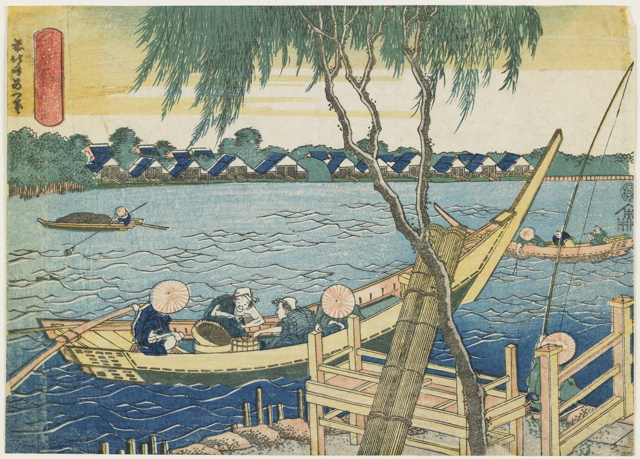 Lijnvissen op de Miyato-rivier, 1832-1834 door Katsushika Hokusai