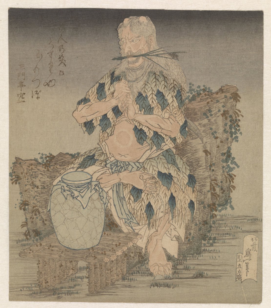 Man in gewaad van bladeren door Katsushika Hokusai