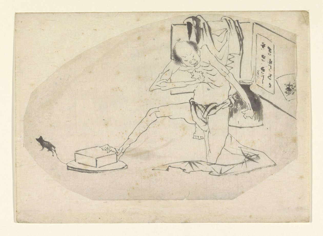 Man in lendendoek, een doos en een muis door Katsushika Hokusai