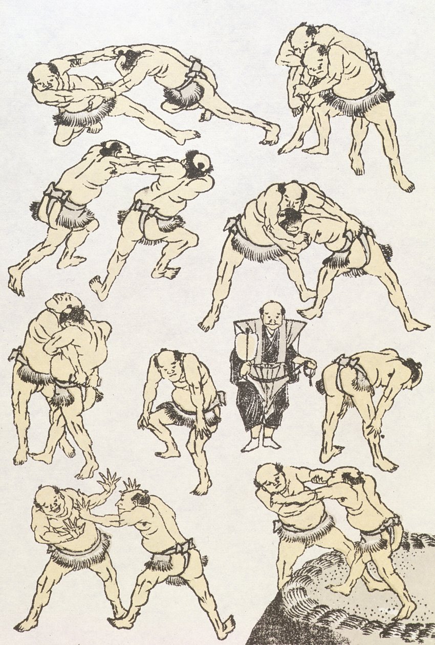 Manga: studies van gebaren en houdingen van worstelaars, gepubliceerd 1849 door Katsushika Hokusai