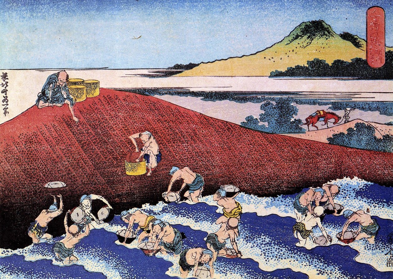 Duizend uitzichten op de oceaan, Japan: vissers aan de kust door Katsushika Hokusai