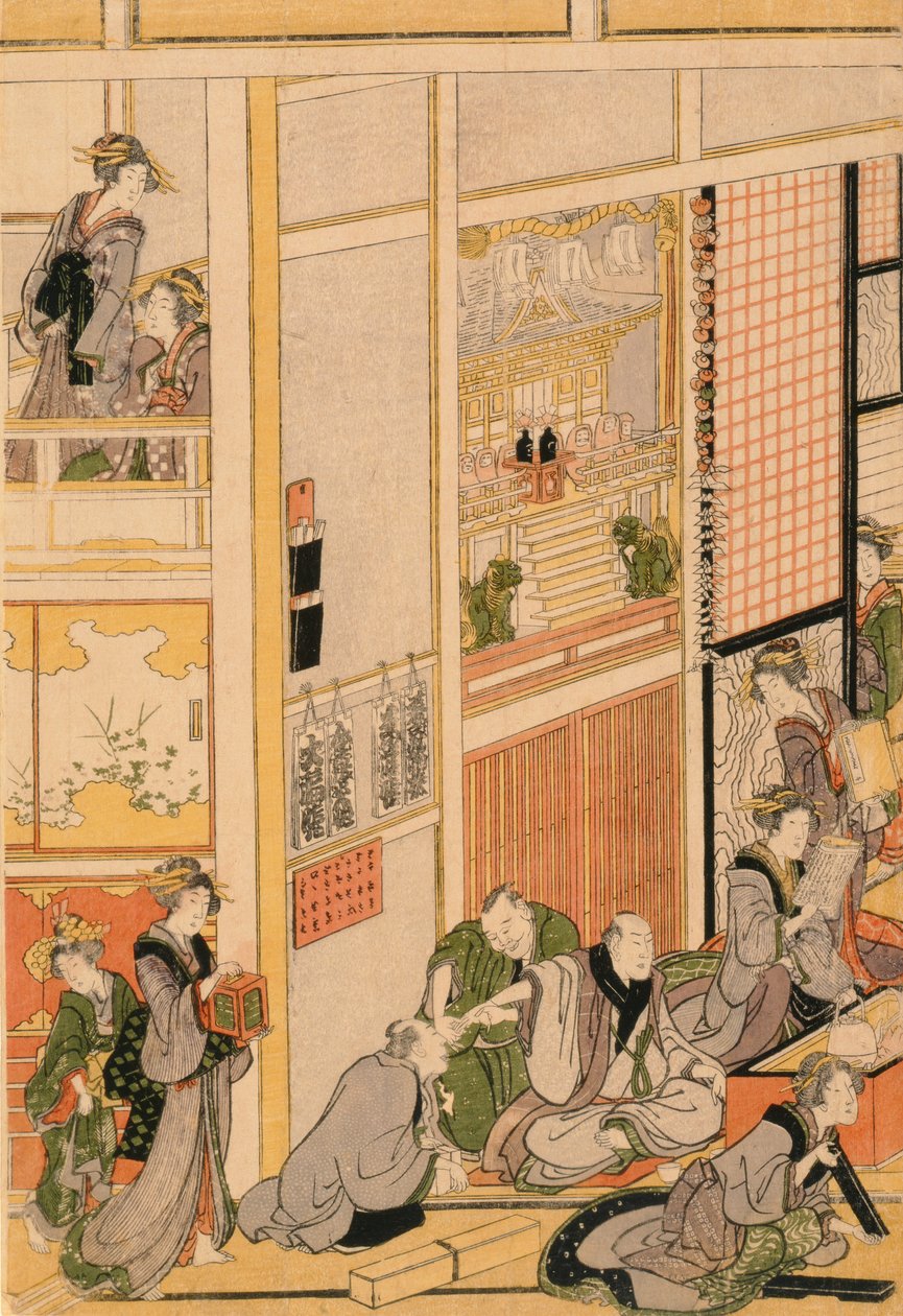 Nieuwjaarsdag in het theehuis Ogi-ya. c.1810 door Katsushika Hokusai