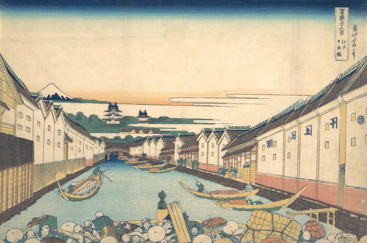 Nihonbashi in Edo, uit de serie Zesendertig gezichten op de berg Fuji door Katsushika Hokusai