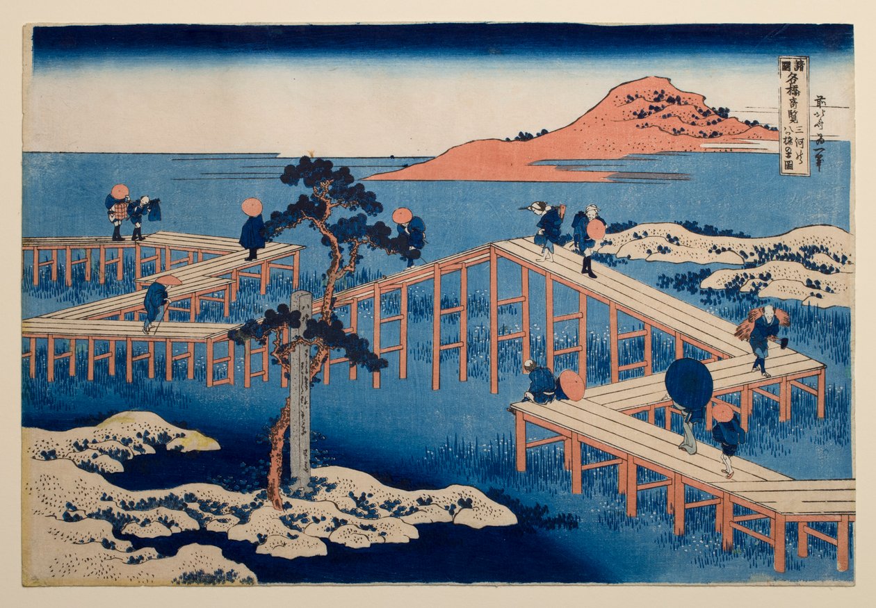 Oude afbeelding van de achtdelige brug bij Yatsuhashi in de provincie Mikawa, uit de serie „Opmerkelijke afbeeldingen van bruggen in diverse provincies“ door Katsushika Hokusai