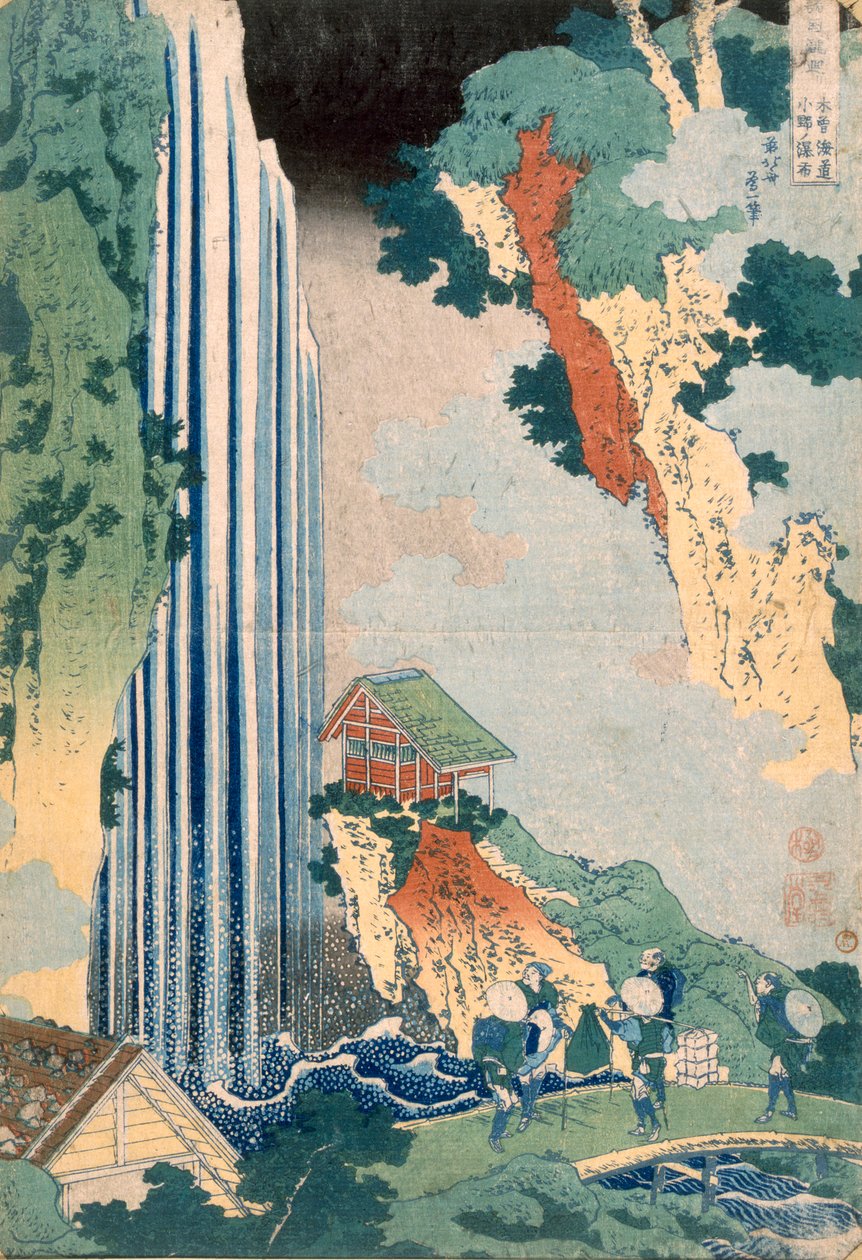 Ona Waterval op de Kisokaido, 1827 (kleur houtsnede) door Katsushika Hokusai
