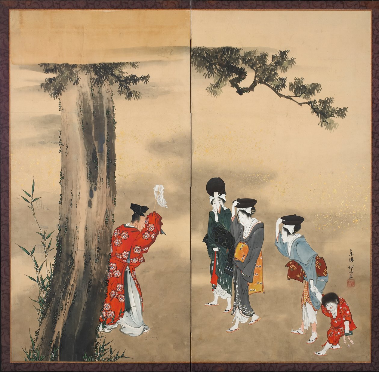 Papieren tweevoudig scherm: Een Shinto Priester, Drie Vrouwen en een Kind onder een Pijnboom, Edo Periode, ca. 1799-1801 door Katsushika Hokusai