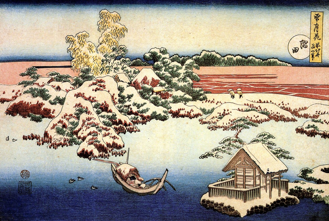 Besneeuwd landschap aan de Sumida-rivier, Japan door Katsushika Hokusai