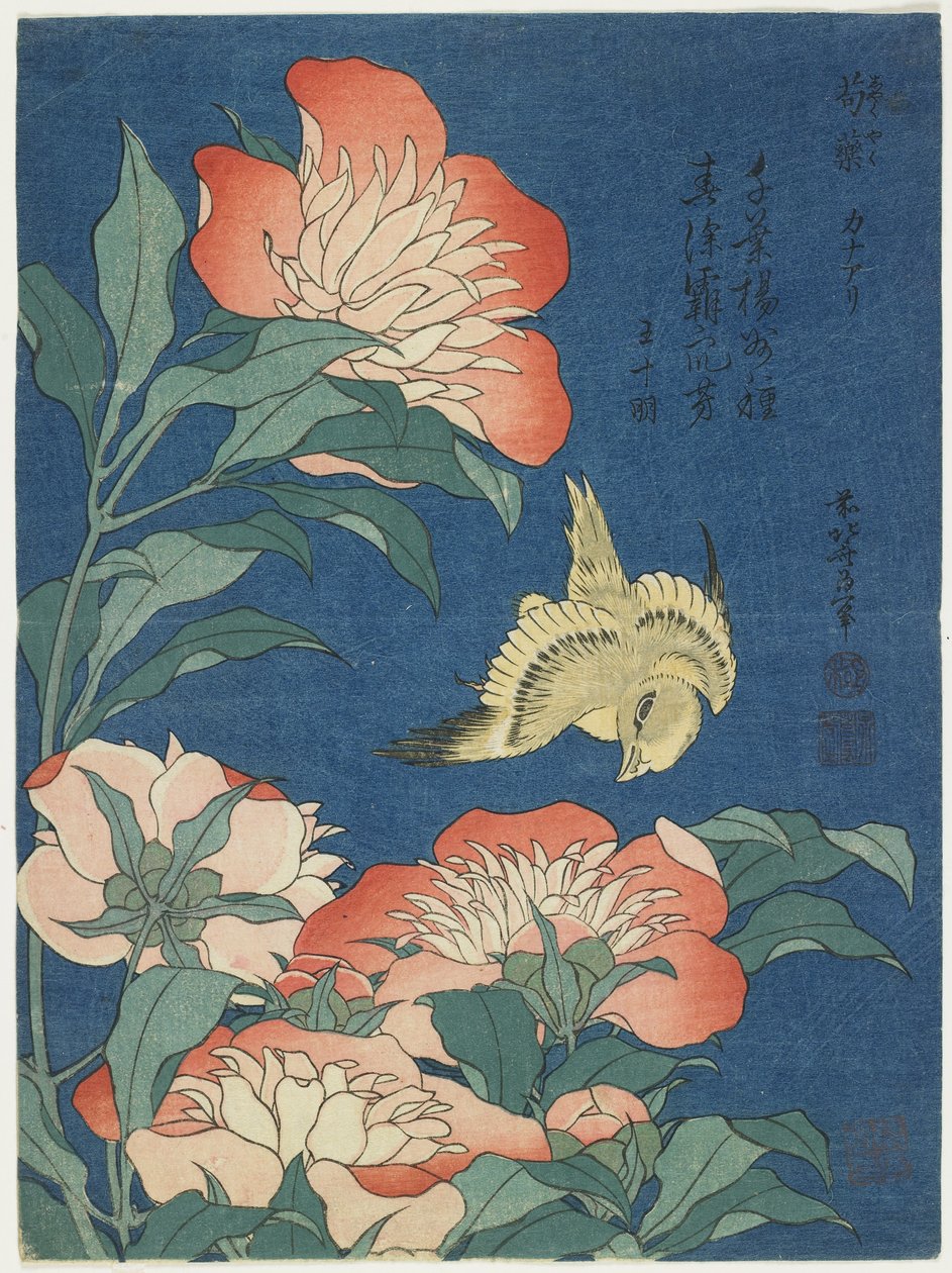 Pioenen en kanarie, ca. 1833 door Katsushika Hokusai