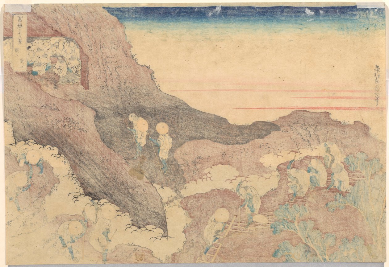 Pelgrims die de top beklimmen, uit de serie Zesendertig Zichten op de Berg Fuji door Katsushika Hokusai