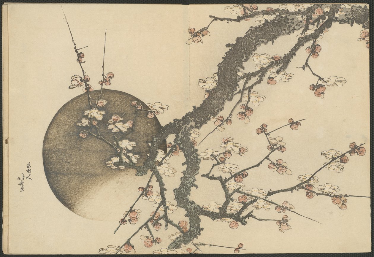 Pruimenbloesem en de maan uit het boek De berg Fuji in de lente (Haru no Fuji) door Katsushika Hokusai