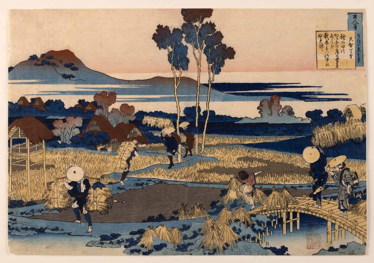 Gedicht van Tenchi Tennō, uit de reeks „Honderd gedichten uitgelegd door de verpleegster“ door Katsushika Hokusai