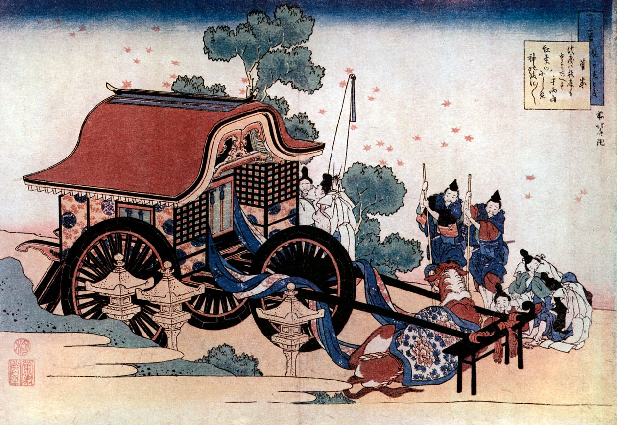 Trekken van een driewielige wagen, Japanse houtsnede, ca. 1780-1849 door Katsushika Hokusai