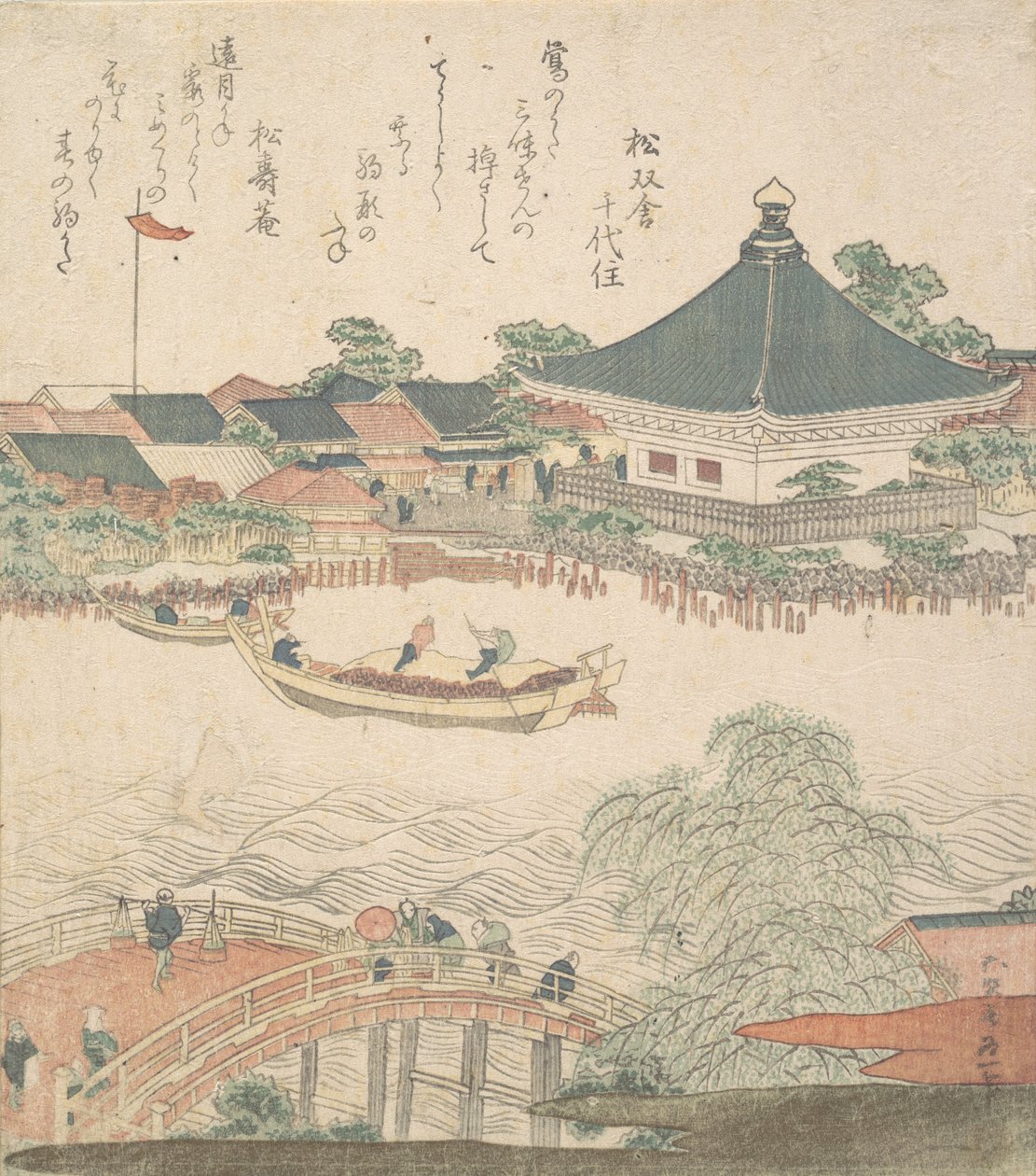 Rivierscène met brug op de voorgrond, ca. 1810 door Katsushika Hokusai