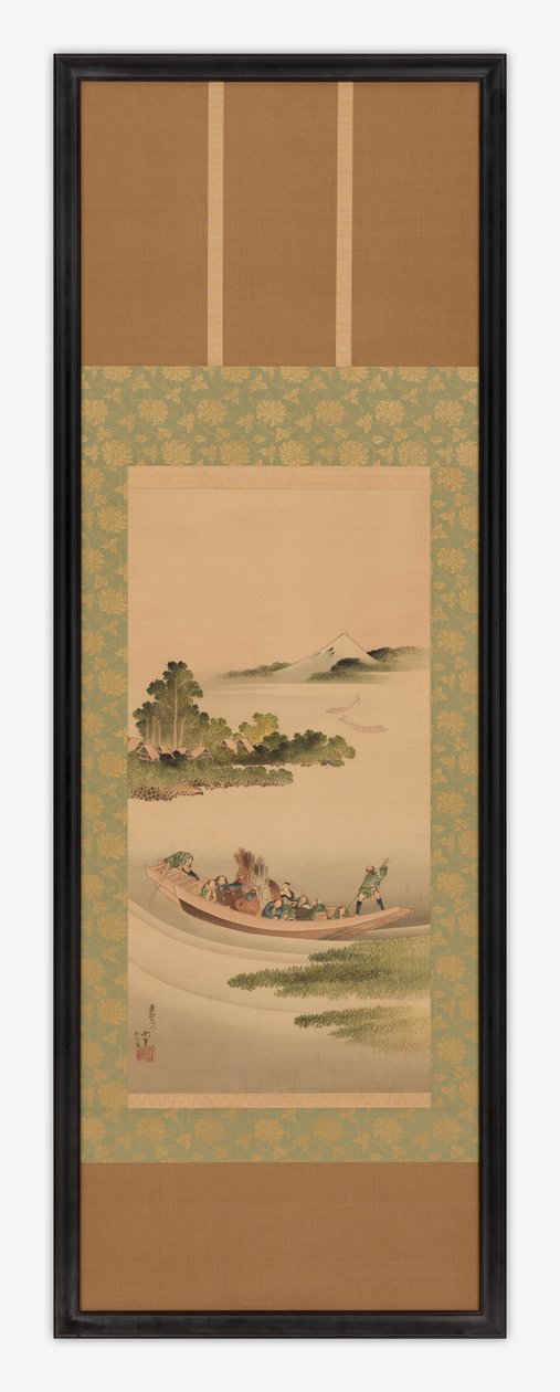 Rivierlandschap: veerboot en berg Fuji, Edo-periode, 1842 door Katsushika Hokusai