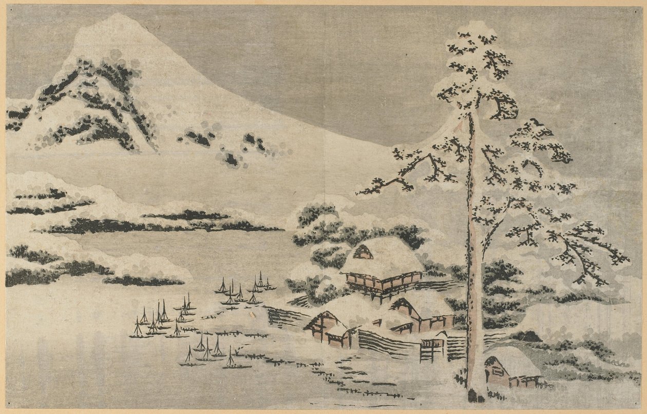 Seaside Village in de sneeuw door Katsushika Hokusai