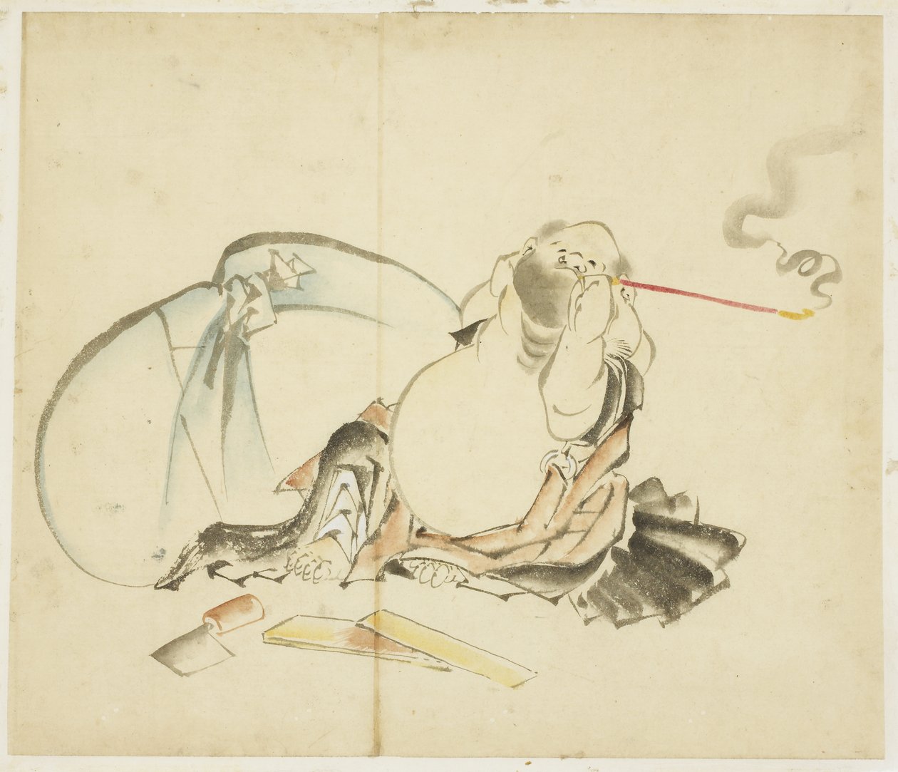Zittende Hotei die een Pijp Rookt door Katsushika Hokusai