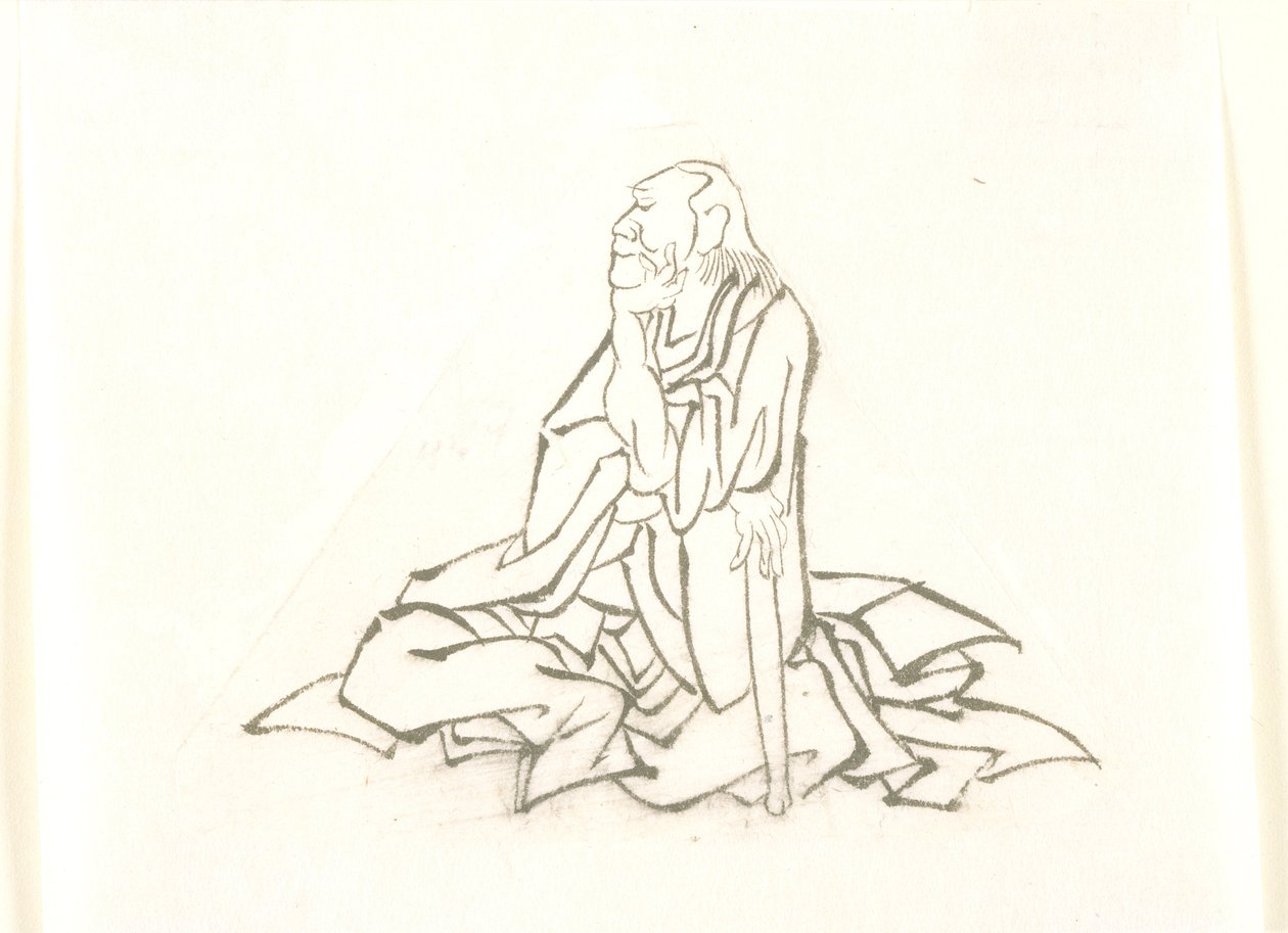 Zittende oude man, leunend op een stok door Katsushika Hokusai