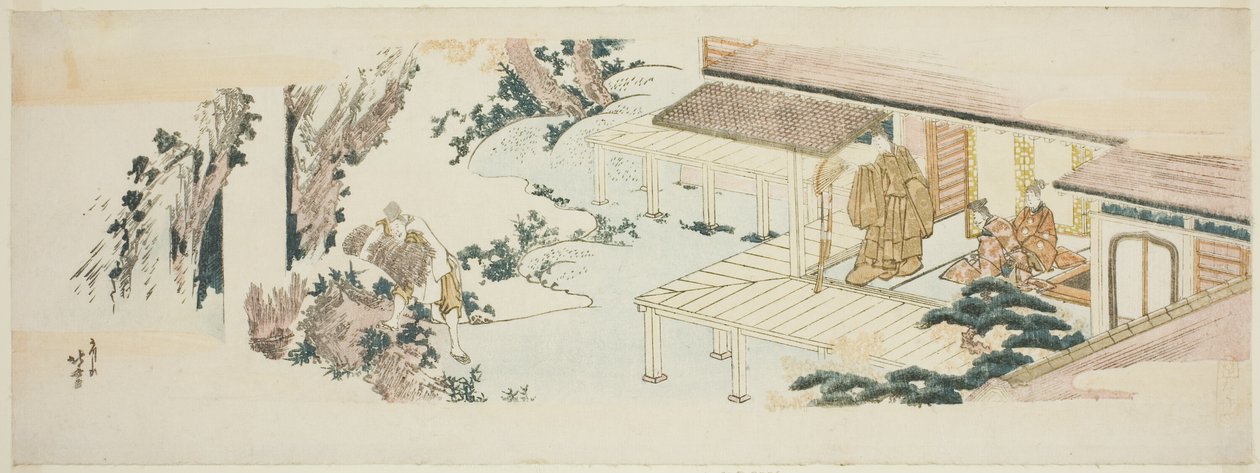 Dienaar gooit bundels takken in waterval door Katsushika Hokusai