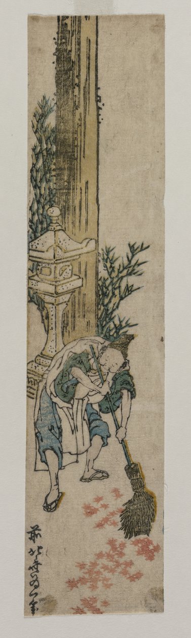 Heiligdombegeleider die esdoornbladeren harkt, ca. 1830 door Katsushika Hokusai