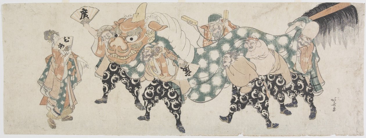 Zes mannelijke goden die de leeuwendans uitvoeren, 1797-1819 door Katsushika Hokusai