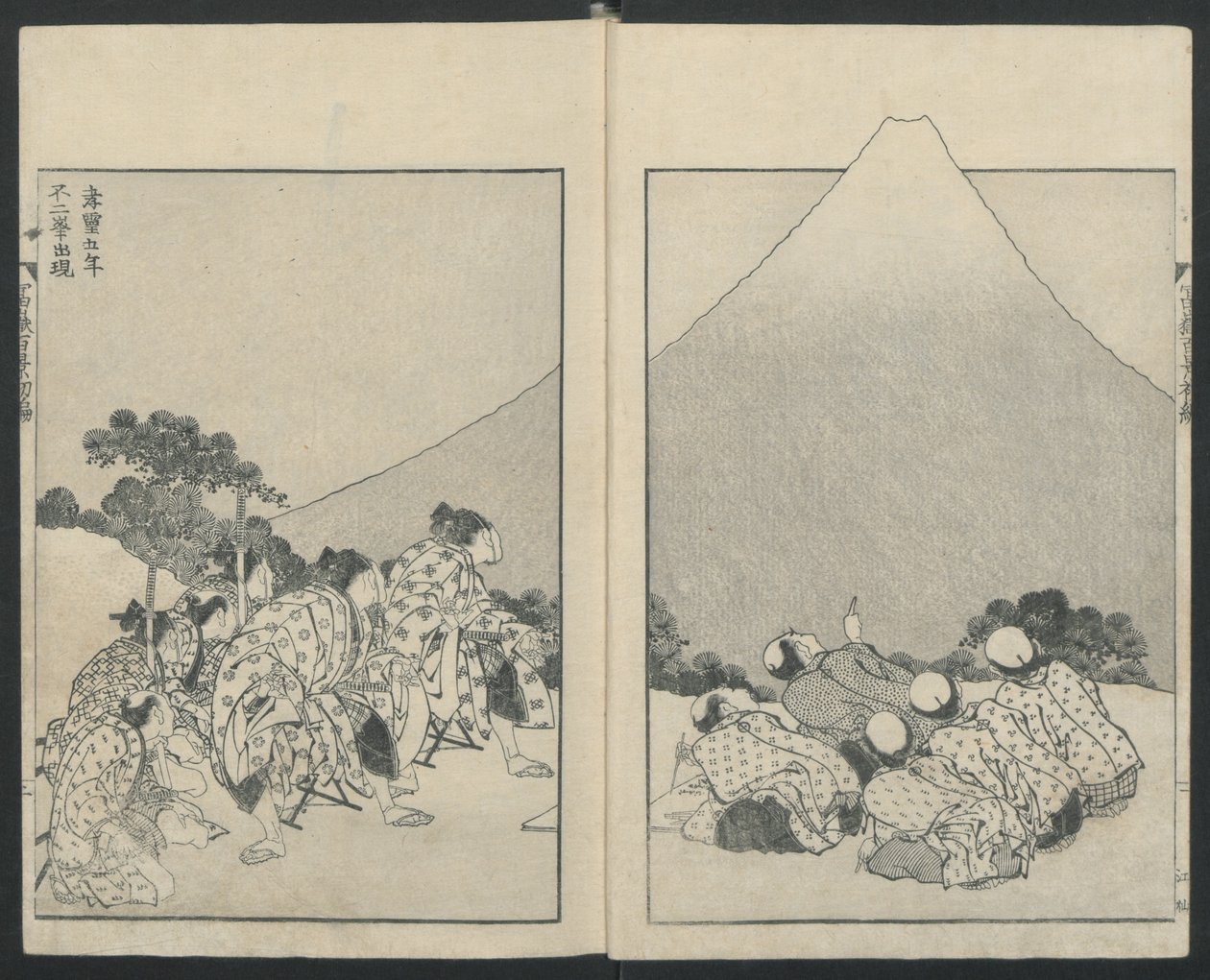 Links naar beneden glijden, De opening van Fuji rechts uit Honderd Zichten op de Fuji, 1834 door Katsushika Hokusai