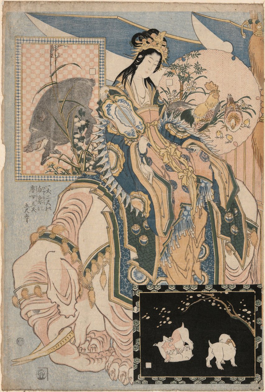 Tang-dame op een witte olifant, uit de serie ‘Reusachtige strowerken voor een attractie in een pretpark’ door Katsushika Hokusai