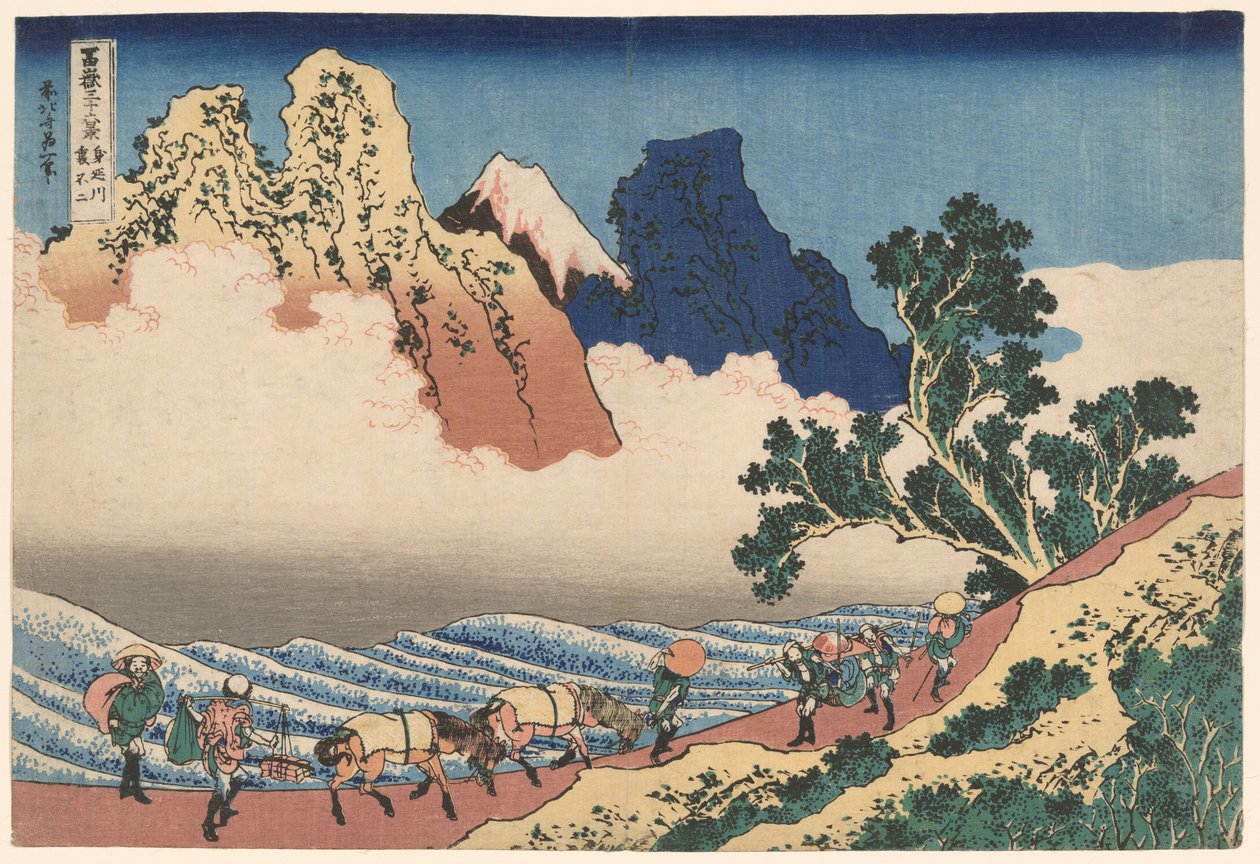 De achterkant van de berg Fuji gezien vanaf de Minobu-rivier, uit de serie Zesendertig gezichten op de berg Fuji door Katsushika Hokusai