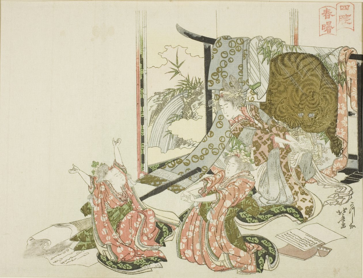 De Vier Slapers in Lenteochtend (Shisui shunsho) door Katsushika Hokusai