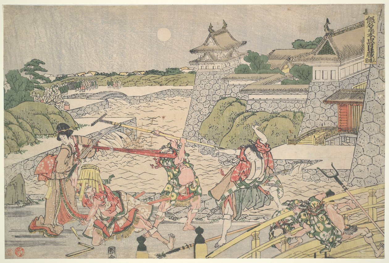 De Trouwe Liga van de Zevenenveertig Rōnin (Chūshingura),  Derde bedrijf: Kampei wordt aangevallen door Bannai en zijn mannen door Katsushika Hokusai