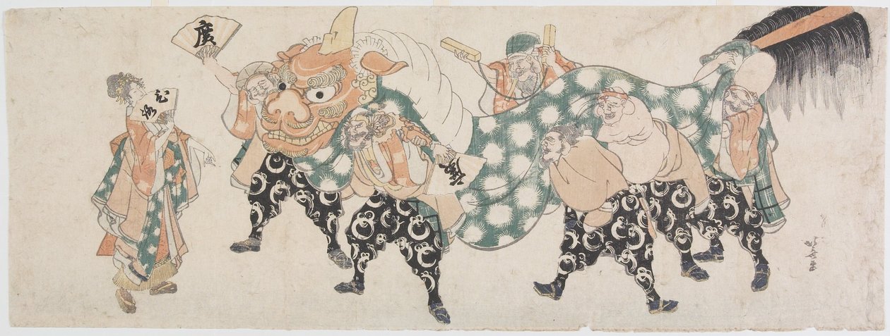 De zeven geluksgoden in een leeuwendans door Katsushika Hokusai