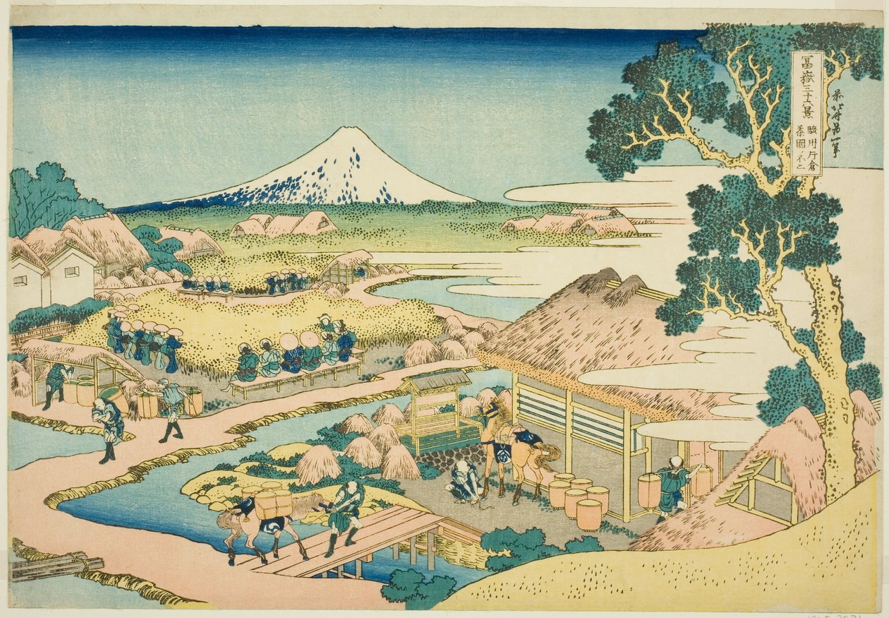 De theeplantage van Katakura in de provincie Suruga (Sunshu Katakura chaen no Fuji), uit de serie "Zesendertig gezichten op de berg Fuji (Fugaku sanjurokkei)" door Katsushika Hokusai