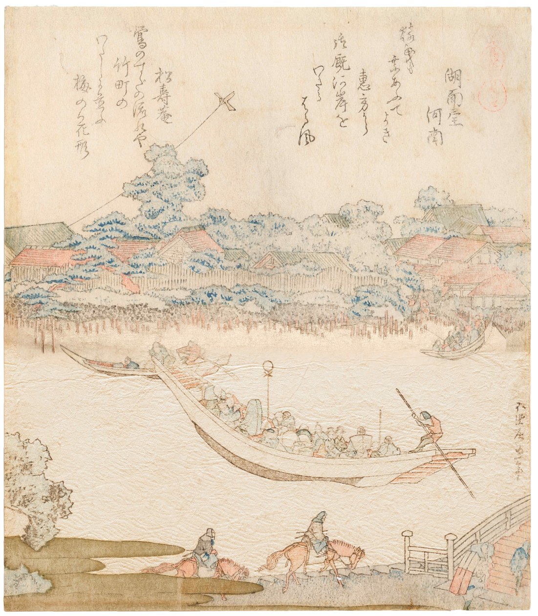 De oevers van de Sumida-rivier, Komatomeishi. Drieluik uit de serie Umazukushi, Middenstuk door Katsushika Hokusai