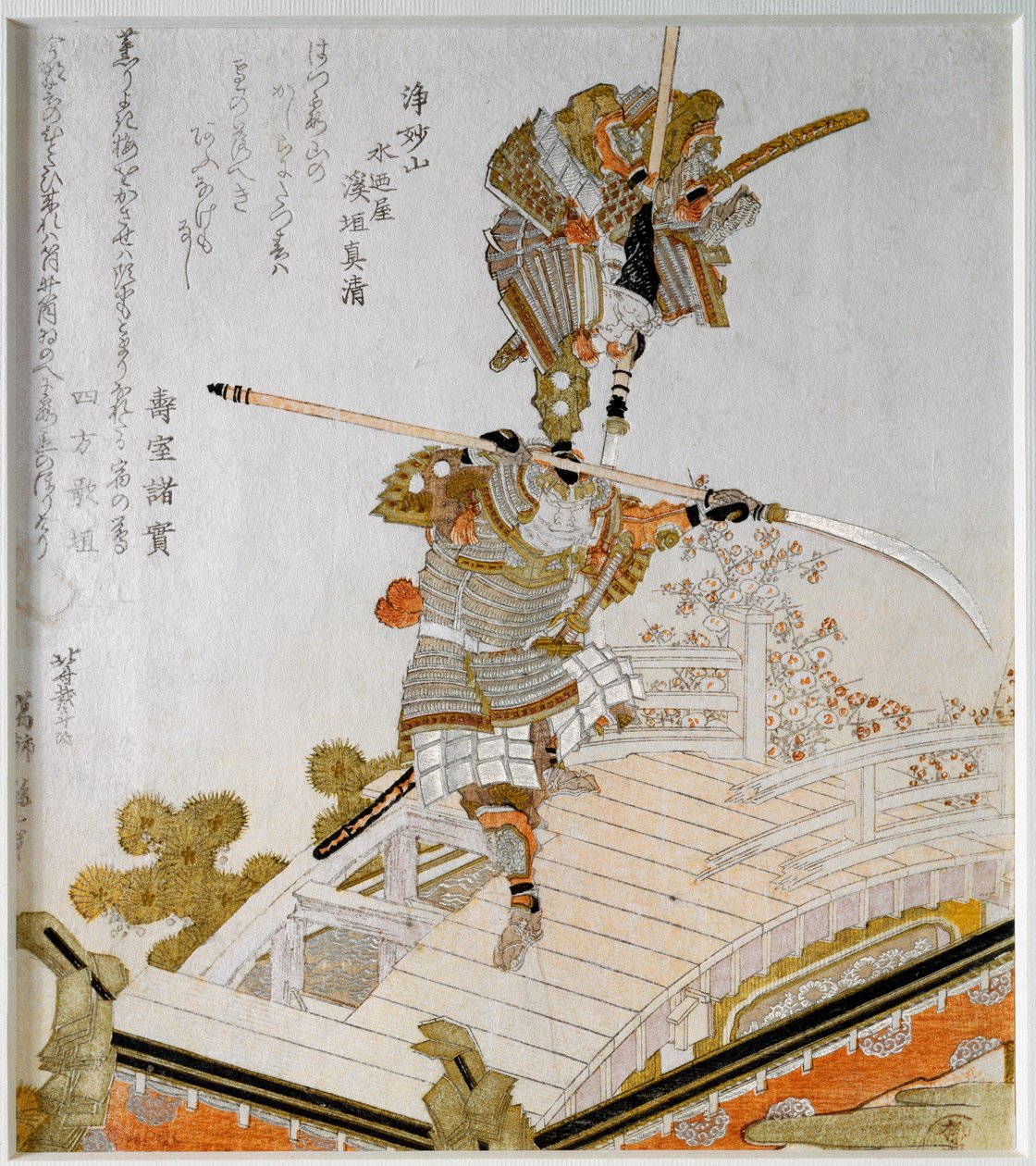 De legendarische strijd van Samurai Minamoto no Yoshitsune (1159-1189) tegen Saito Musashibo Benkei, boeddhistische monnik van de 12e eeuw op de brug van Gojo in Kyoto, Japanse print 