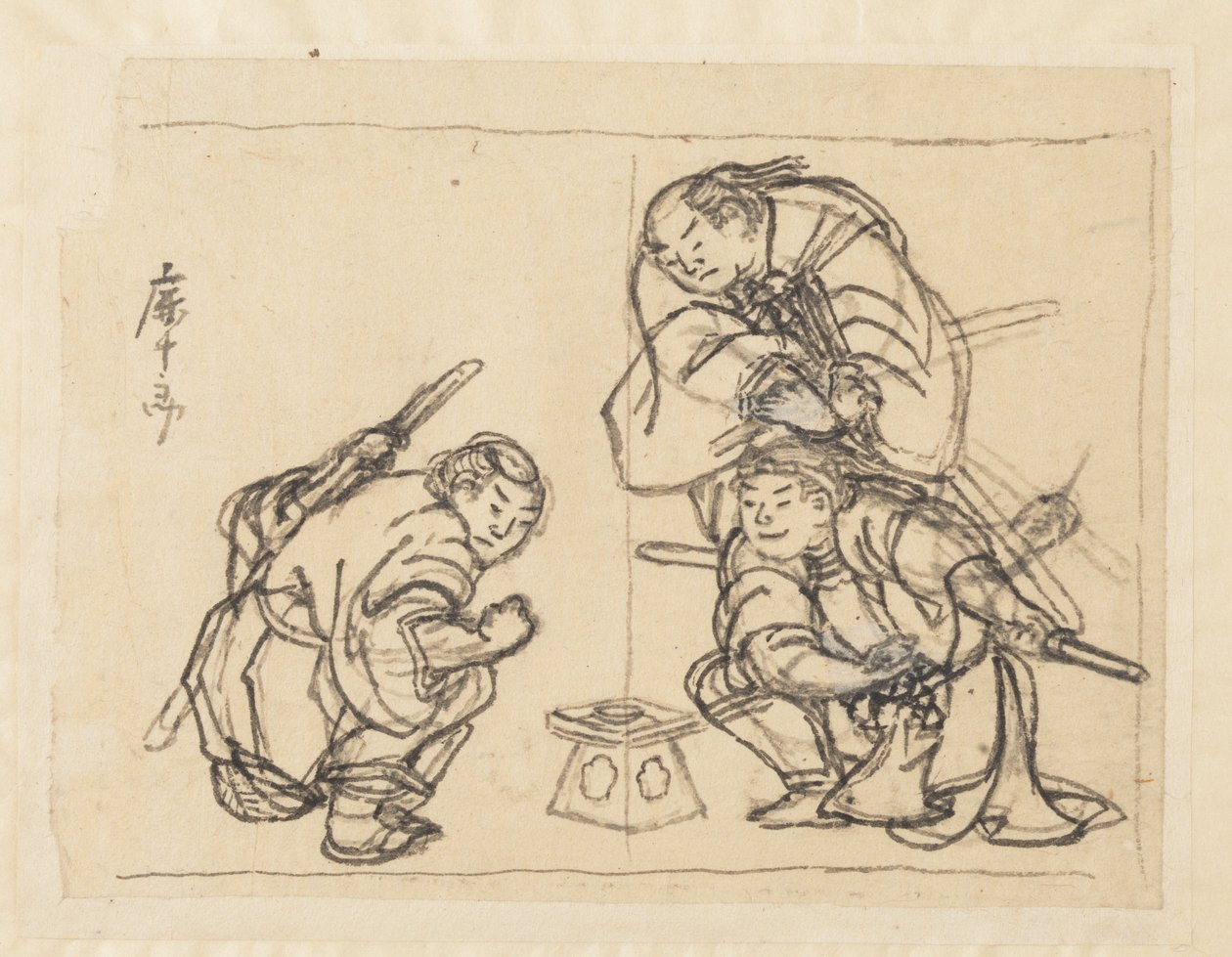 Drie mannen met een dienblad door Katsushika Hokusai